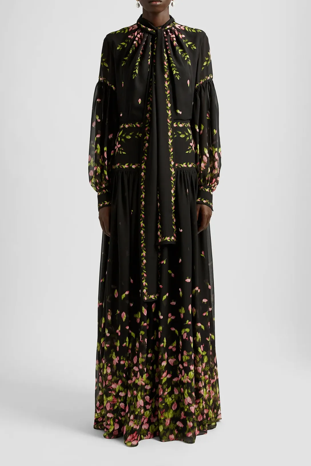 Blouson Sleeve With Neck Tie Gown | Black